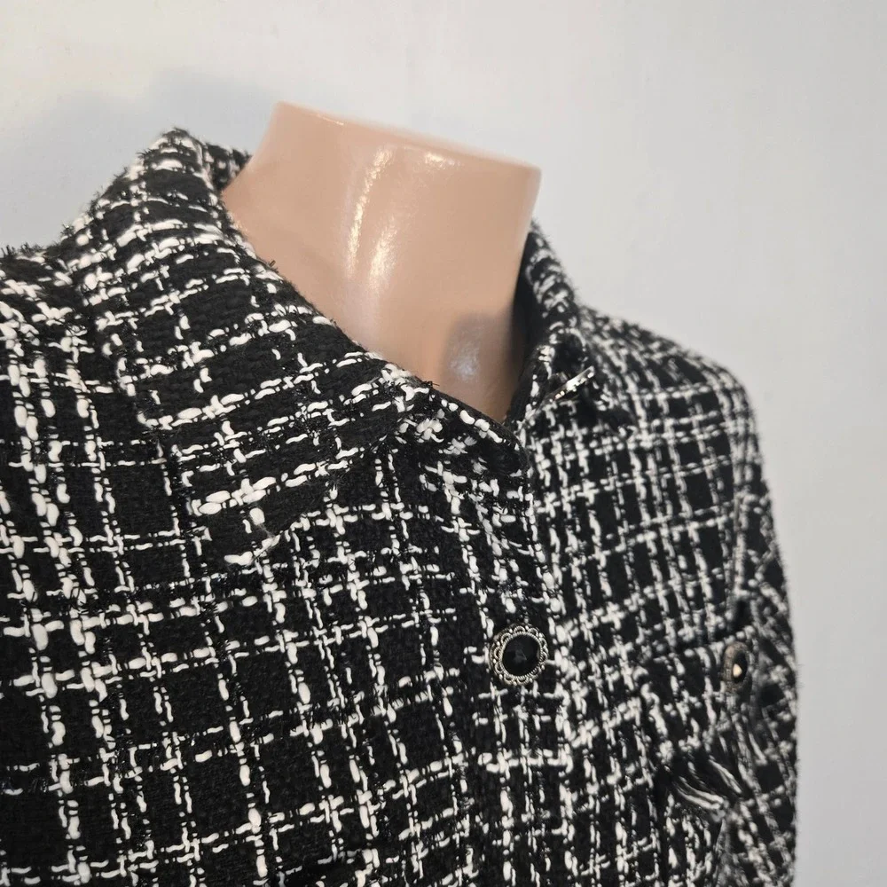Cato Black White Tweed Shirt Jacket Shacket Button Front Fringe Pockets Small